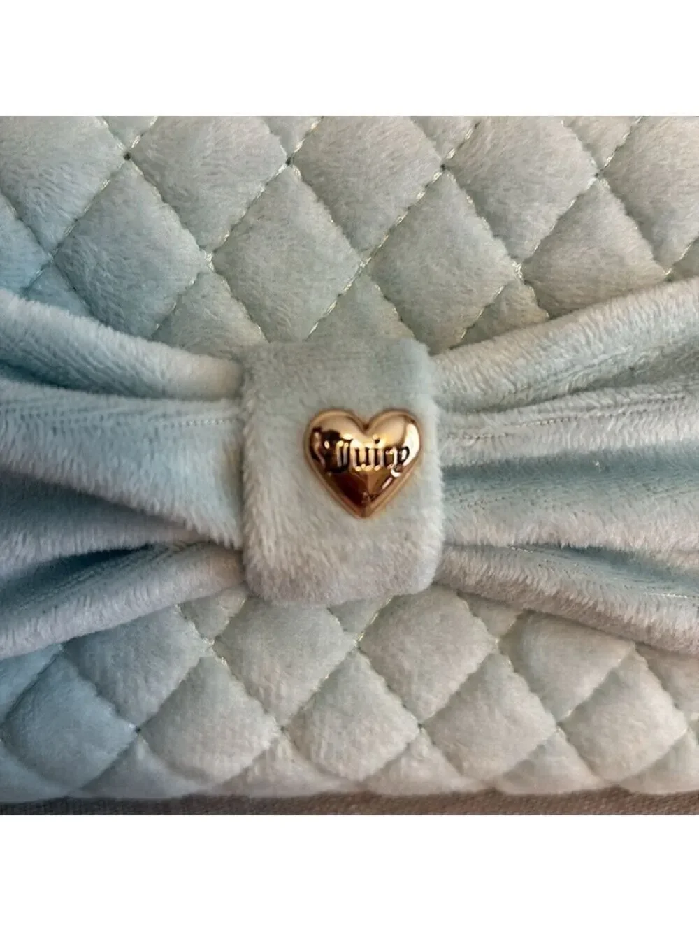 Juicy Couture Light Blue Quilted Bow Wallet Plush Goldtone Hardware New
